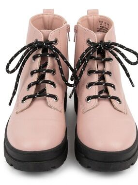 H&M Girls Pink Faux Leather Combat Lace Up Zip Boot Size 1.5 Back to School